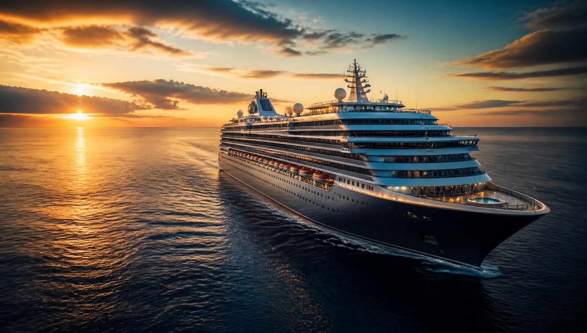 Luxury cruise ship sailing across the open ocean at sunset